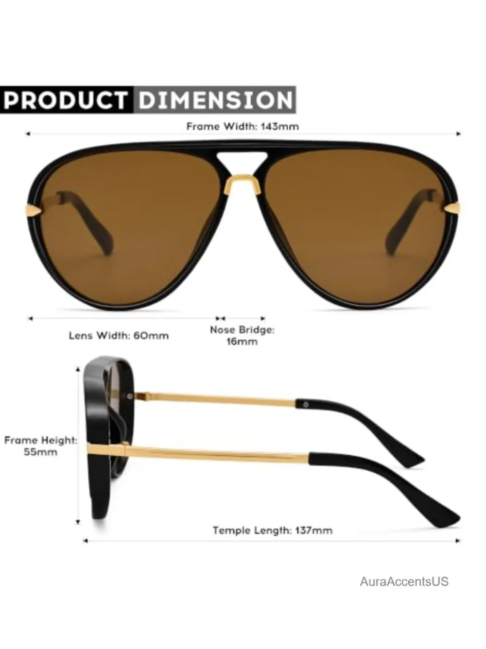Gold Plated Metal Oversized Aviator Sunglasses Double Bridge UV400